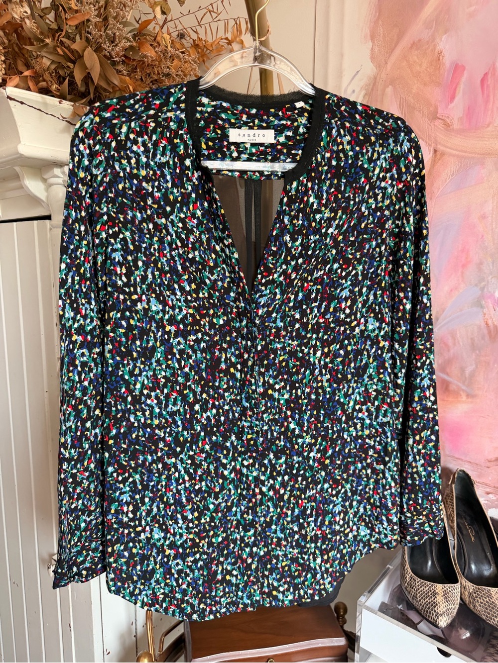 Sandro Black Multicolor Printed V-Neck Blouse